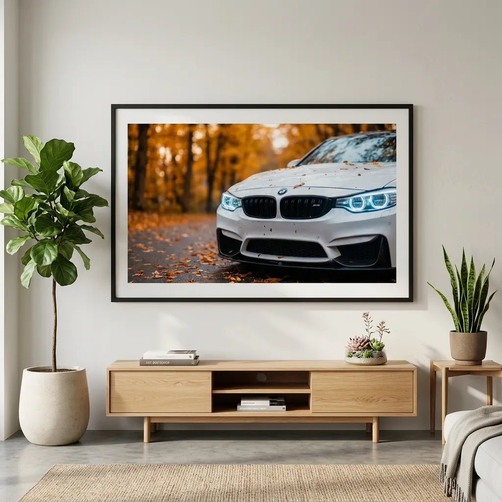 Luxury car wallpaper desktop with white bmw sports car in autumn background mockup one