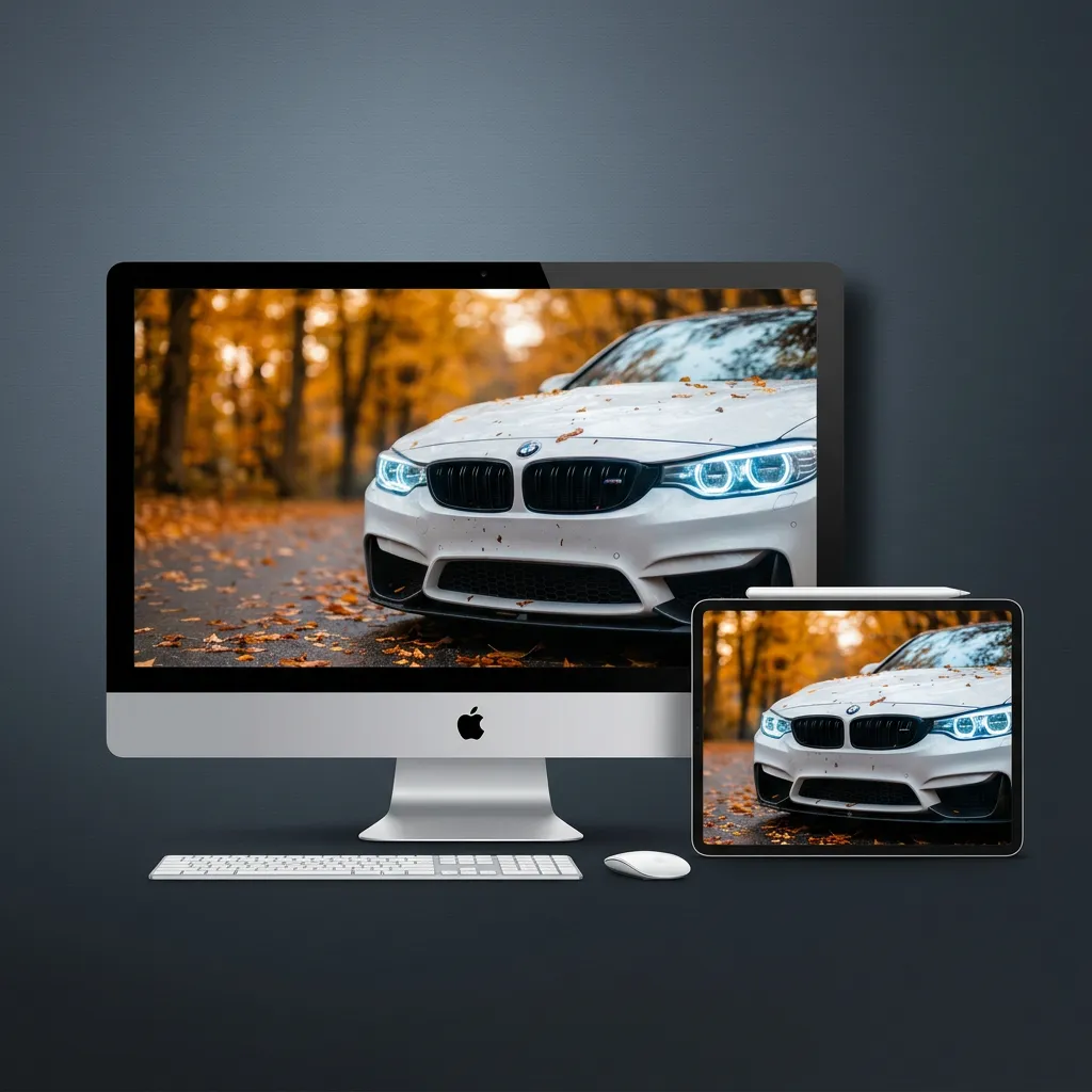 Luxury car wallpaper desktop with white bmw sports car in autumn background mockup two