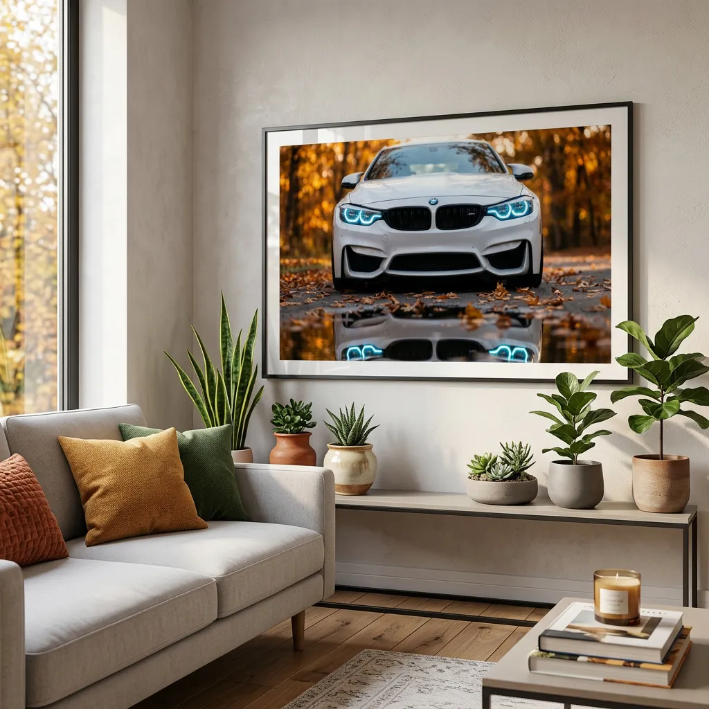 Luxury car wallpaper desktop with white sports sedan in autumn forest road mockup one