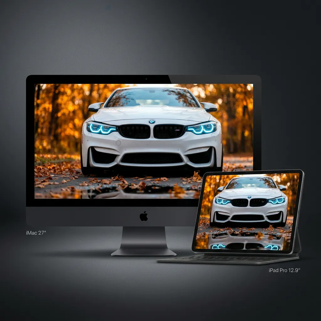 Luxury car wallpaper desktop with white sports sedan in autumn forest road mockup two