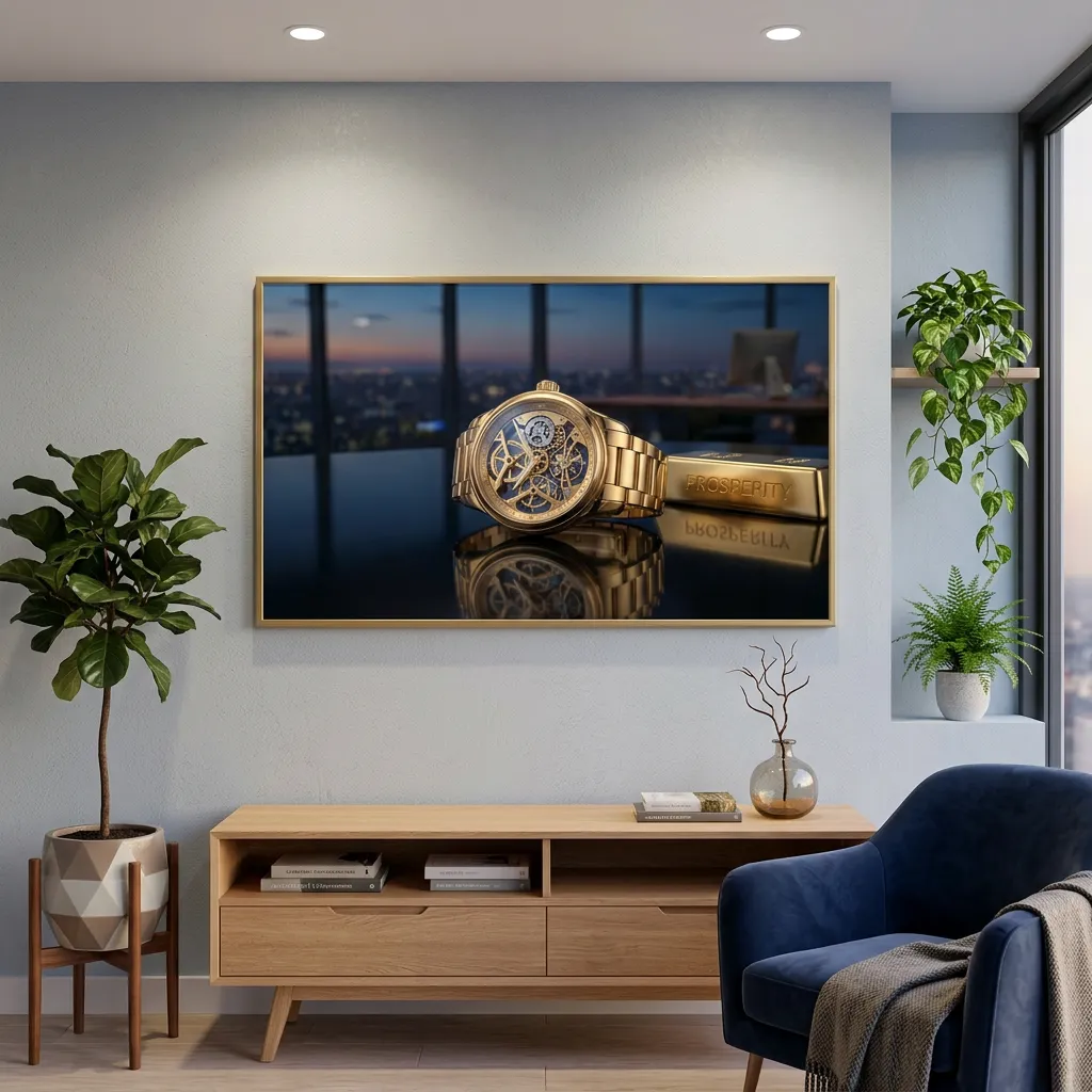 Luxury desktop wallpaper with gold watch and prosperity wealth aesthetic mockup one
