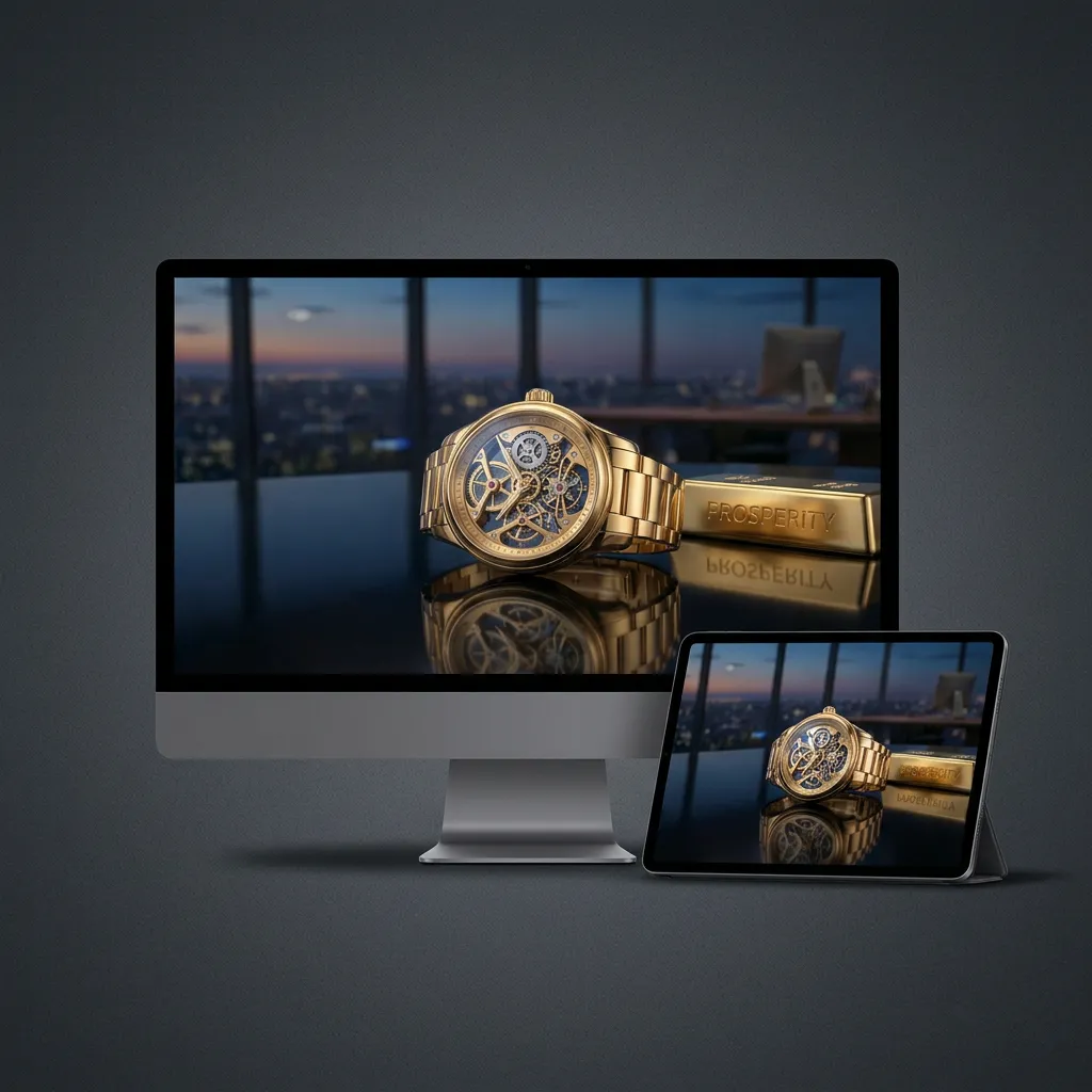 Luxury desktop wallpaper with gold watch and prosperity wealth aesthetic mockup two