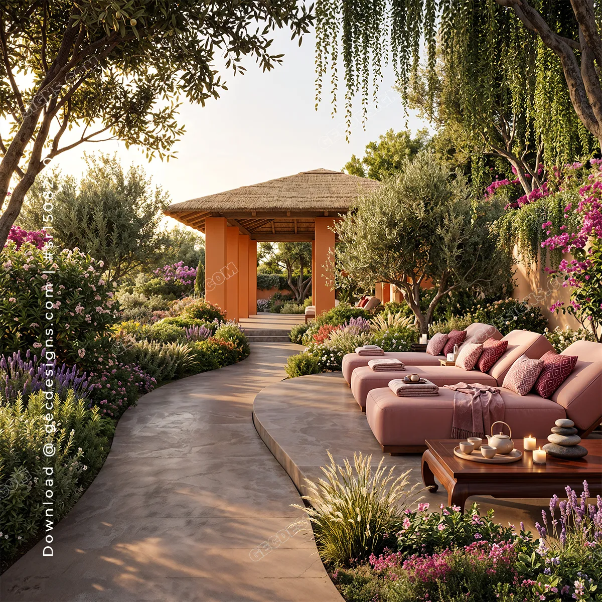 Luxury Garden Spa Background with Outdoor Relaxation Lounge - Berry Kiss