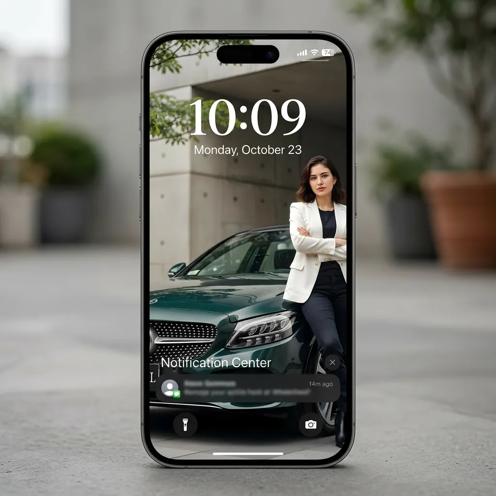 Luxury lifestyle iPhone wallpaper with confident woman and premium car aesthetic mockup one