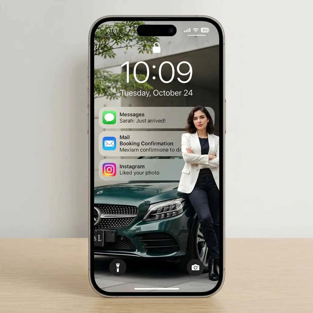 Luxury lifestyle iPhone wallpaper with confident woman and premium car aesthetic mockup two