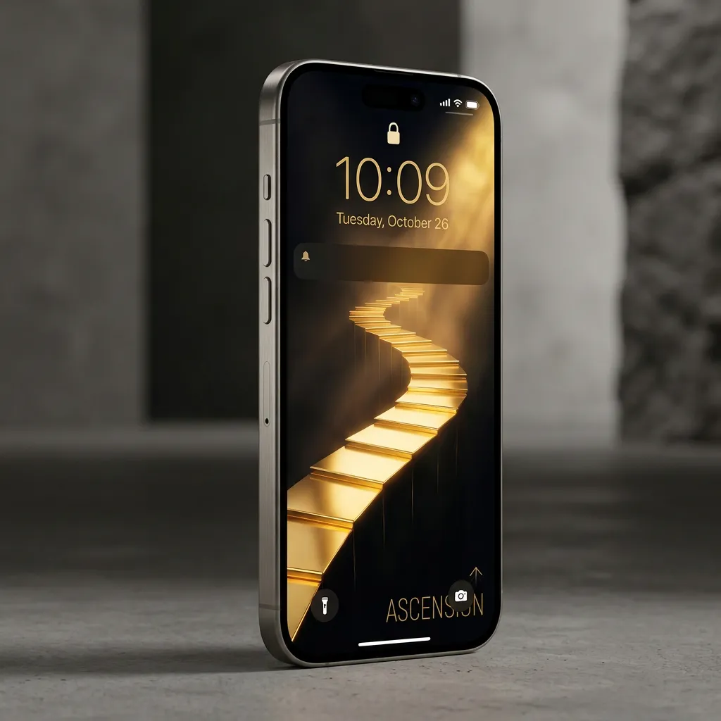 Luxury lifestyle iPhone wallpaper with golden staircase path and ascension theme mockup one