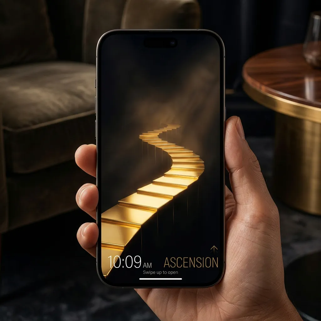 Luxury lifestyle iPhone wallpaper with golden staircase path and ascension theme mockup two