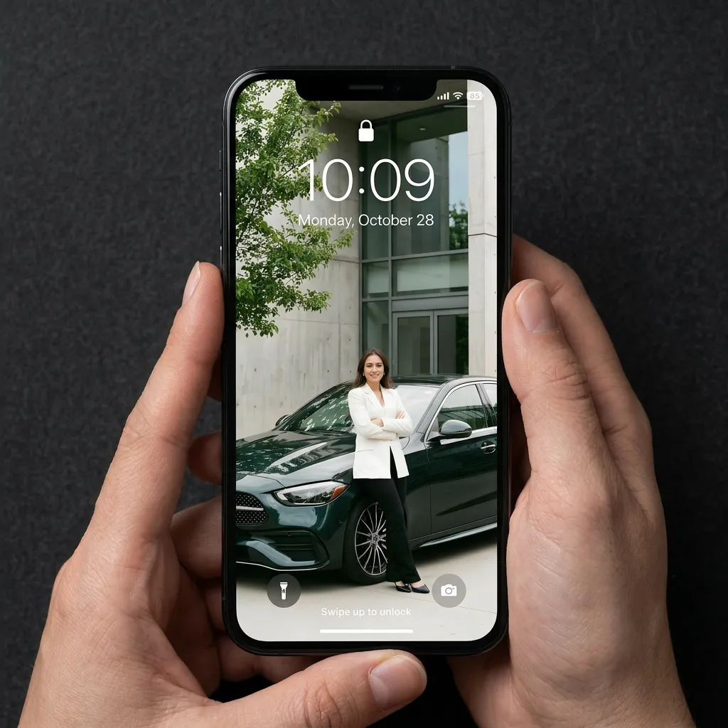 Luxury living iPhone wallpaper featuring stylish woman with premium car and modern architecture mockup one