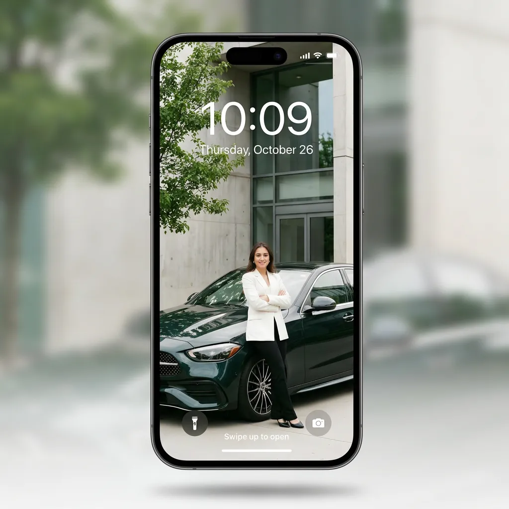 Luxury living iPhone wallpaper featuring stylish woman with premium car and modern architecture mockup two