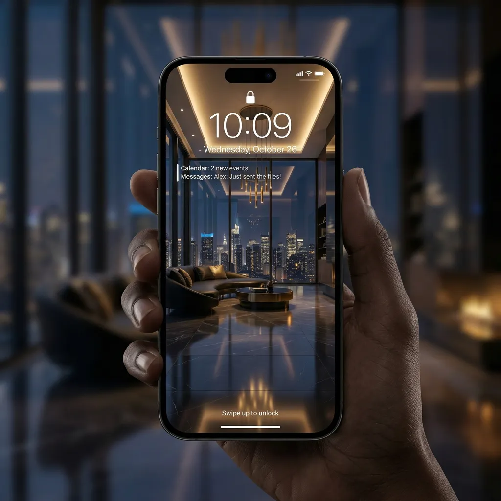 Luxury living iPhone wallpaper with modern penthouse interior and city night view mockup one