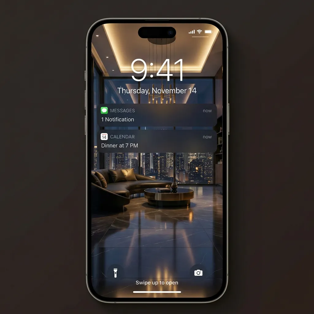 Luxury living iPhone wallpaper with modern penthouse interior and city night view mockup two