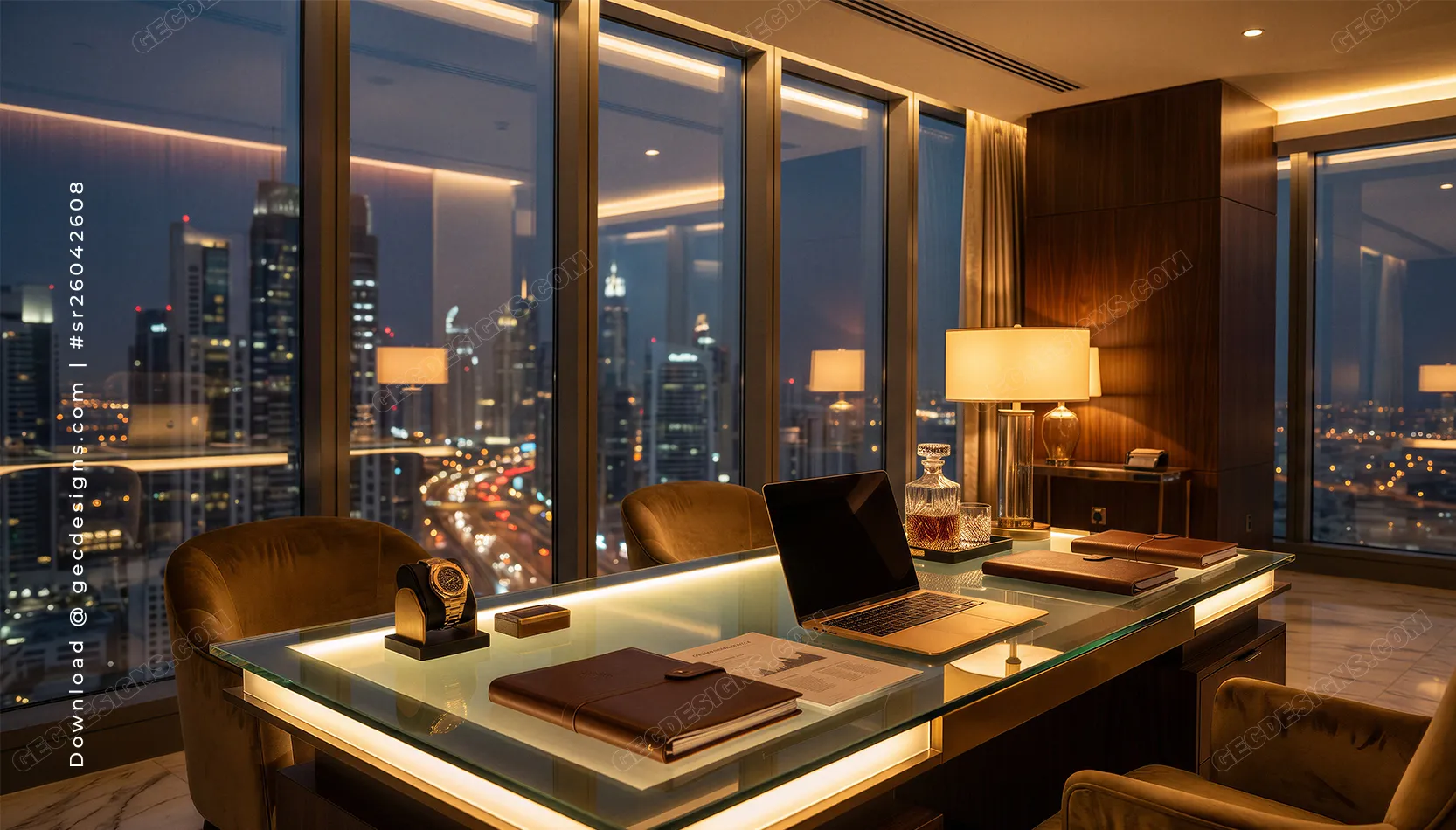 Luxury Office Wallpaper Desktop with Executive Workspace and City Skyline Night View