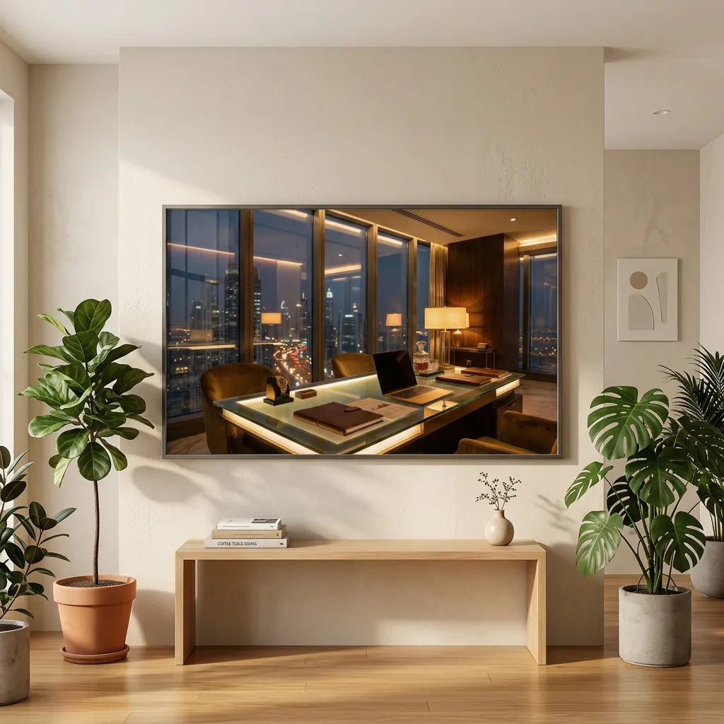 Luxury office wallpaper desktop with executive workspace and city skyline night view mockup one