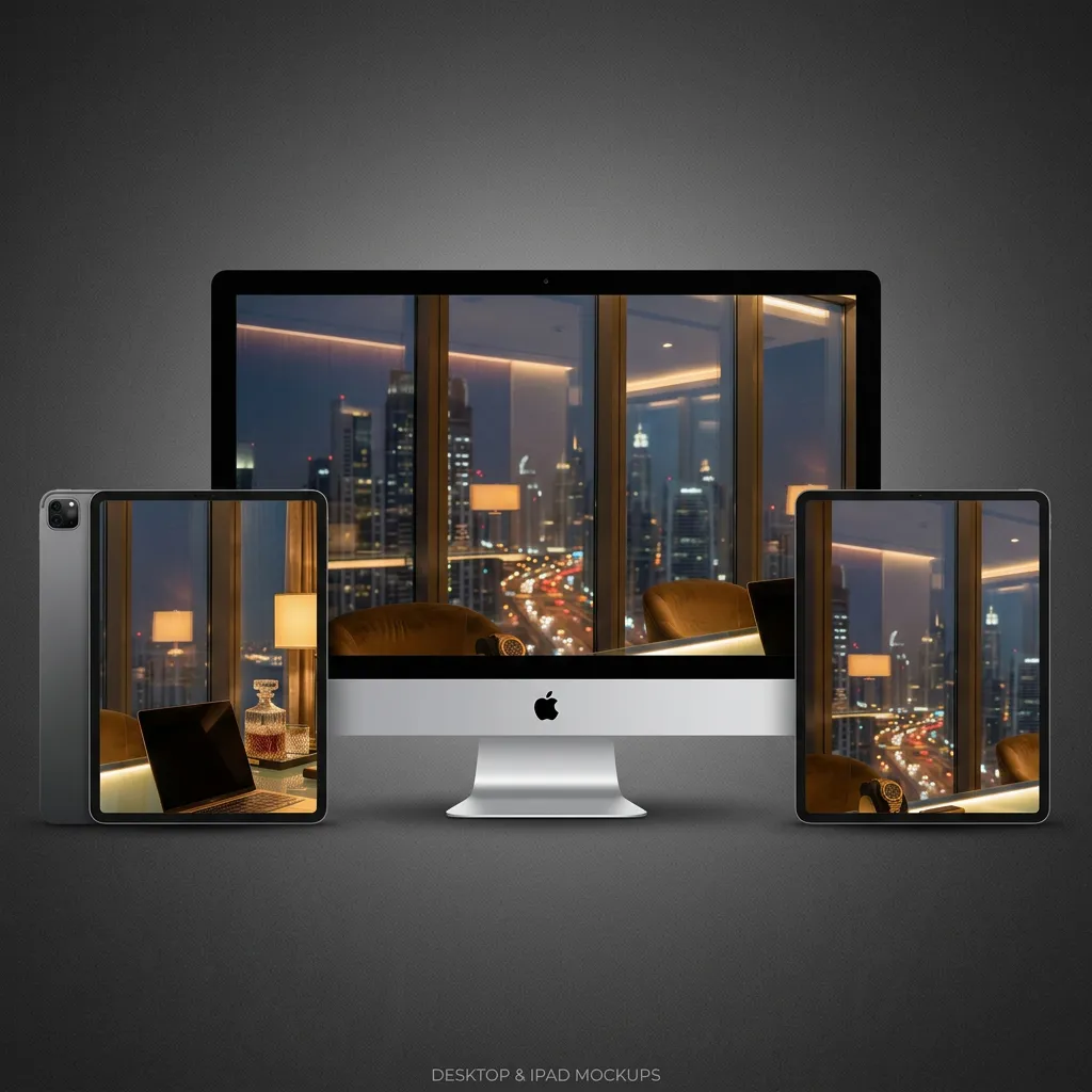 Luxury office wallpaper desktop with executive workspace and city skyline night view mockup two