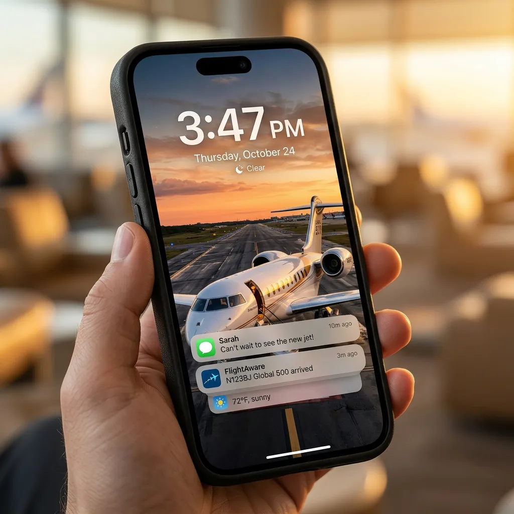 Luxury private jet iPhone wallpaper with sunset runway and millionaire lifestyle aesthetic mockup one