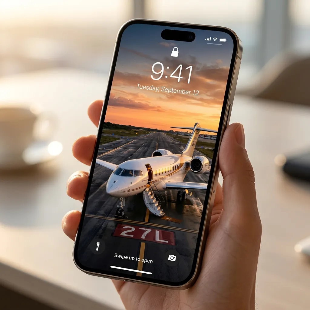 Luxury private jet iPhone wallpaper with sunset runway and millionaire lifestyle aesthetic mockup two
