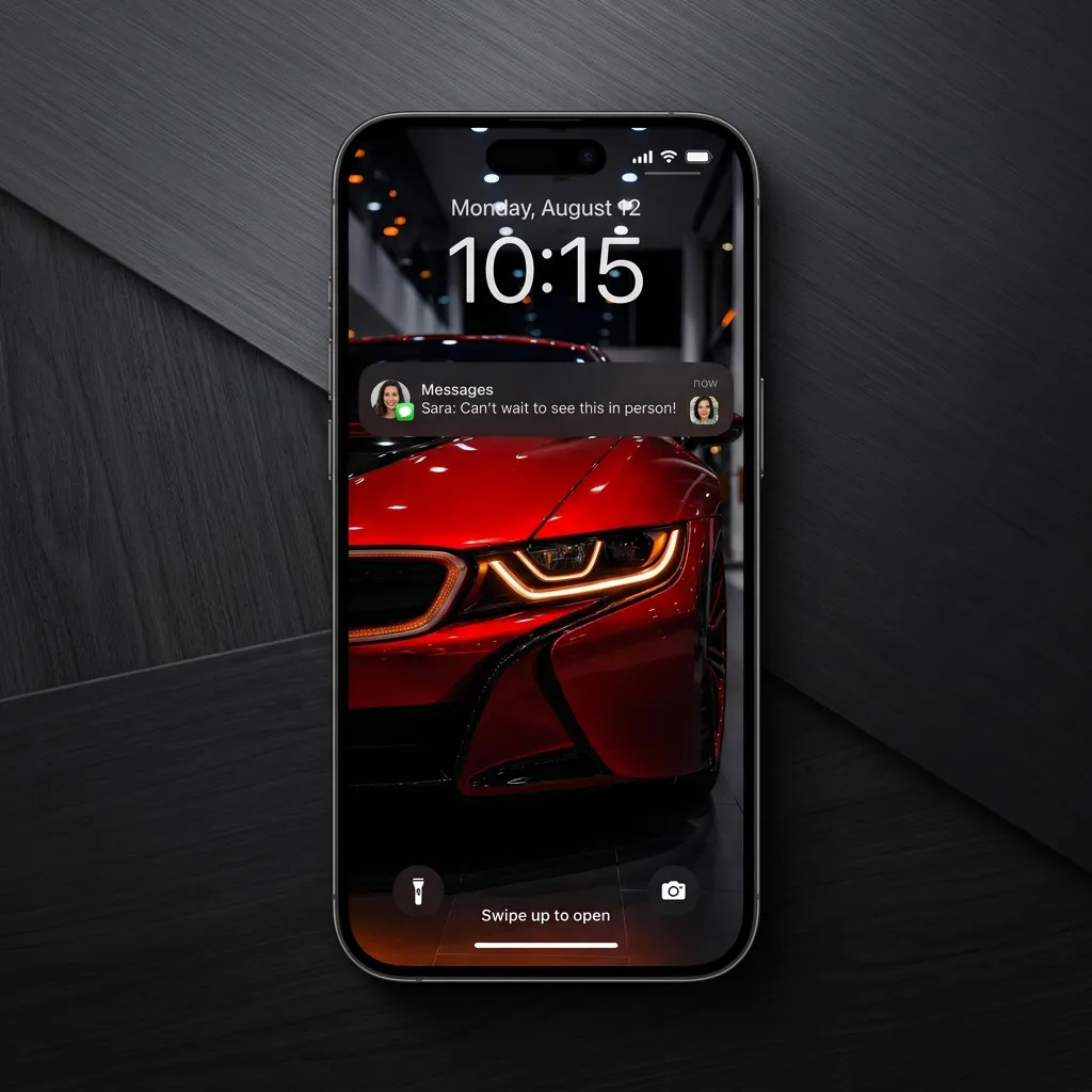 Luxury red car iPhone wallpaper with LED headlight and dark background mockup one