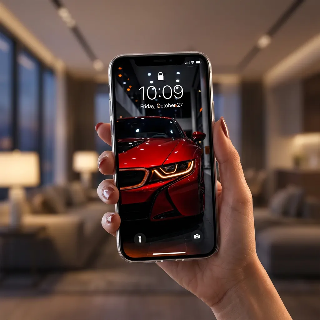 Luxury red car iPhone wallpaper with LED headlight and dark background mockup two