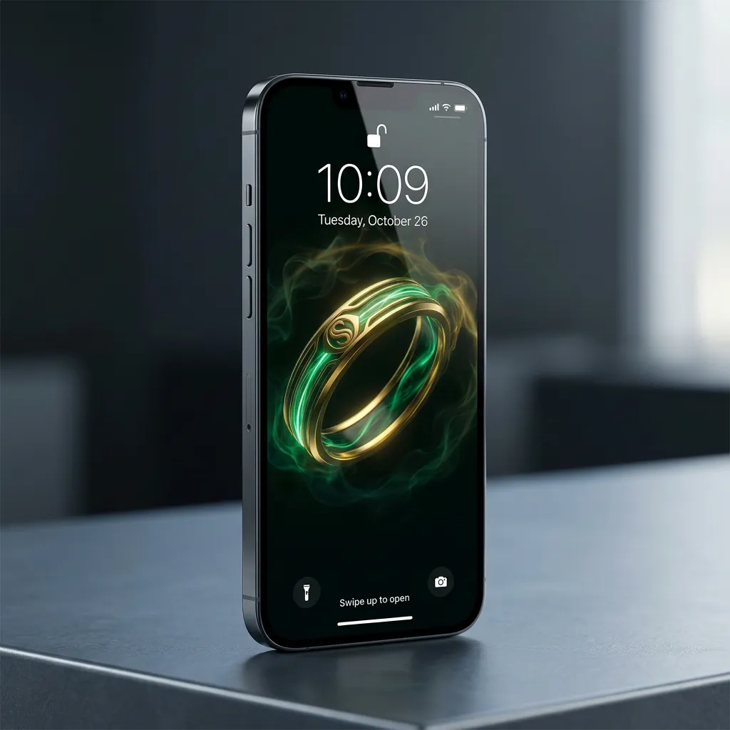 Luxury ring iPhone wallpaper with gold band and green glow premium aesthetic mockup one