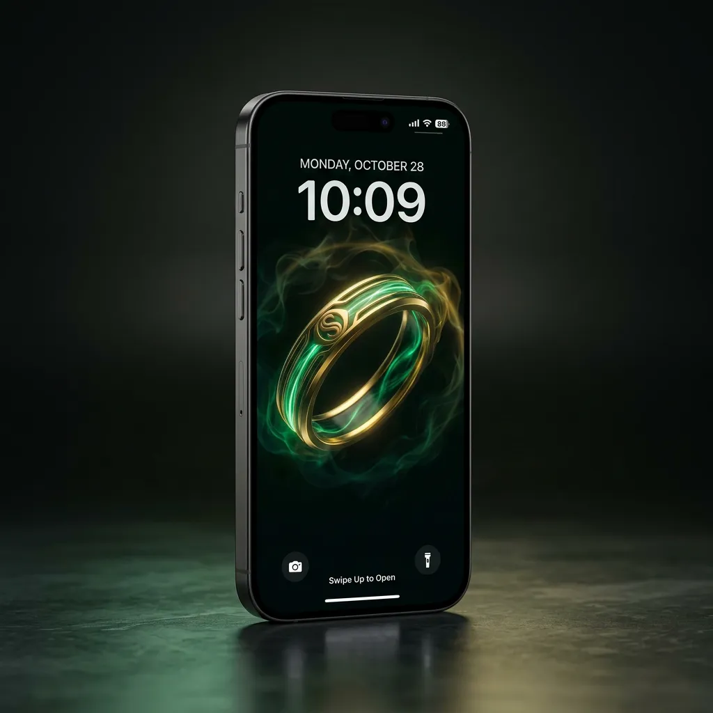 Luxury ring iPhone wallpaper with gold band and green glow premium aesthetic mockup two