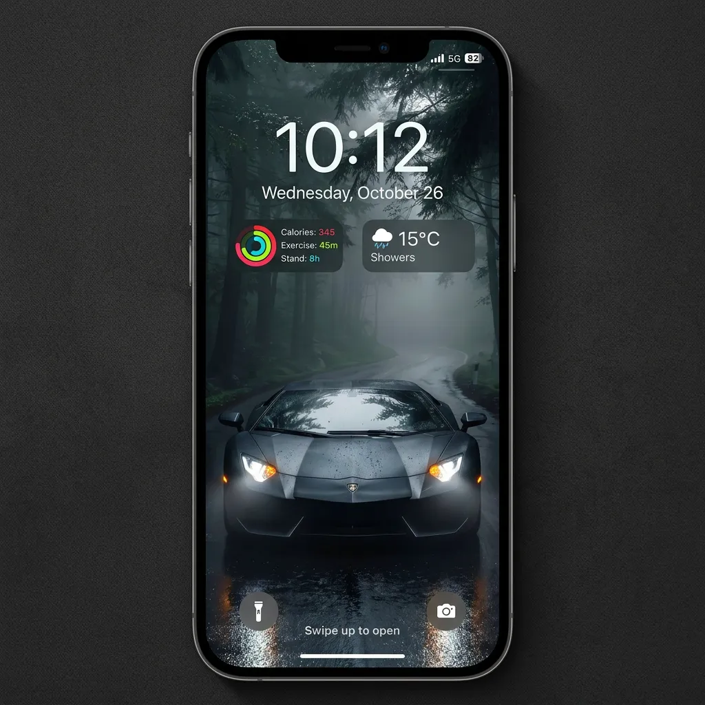 Luxury sports car iPhone wallpaper in foggy forest mockup one