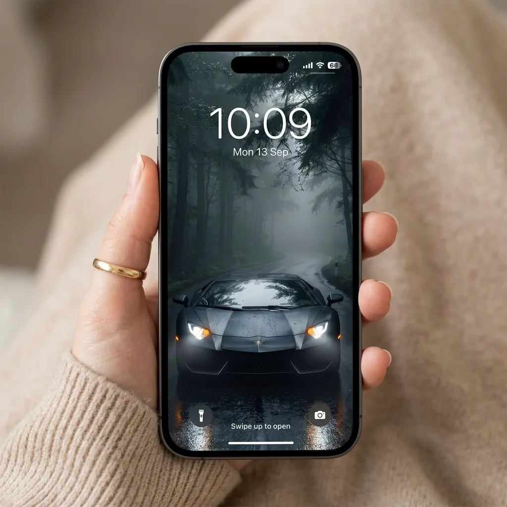 Luxury sports car iPhone wallpaper in foggy forest mockup two