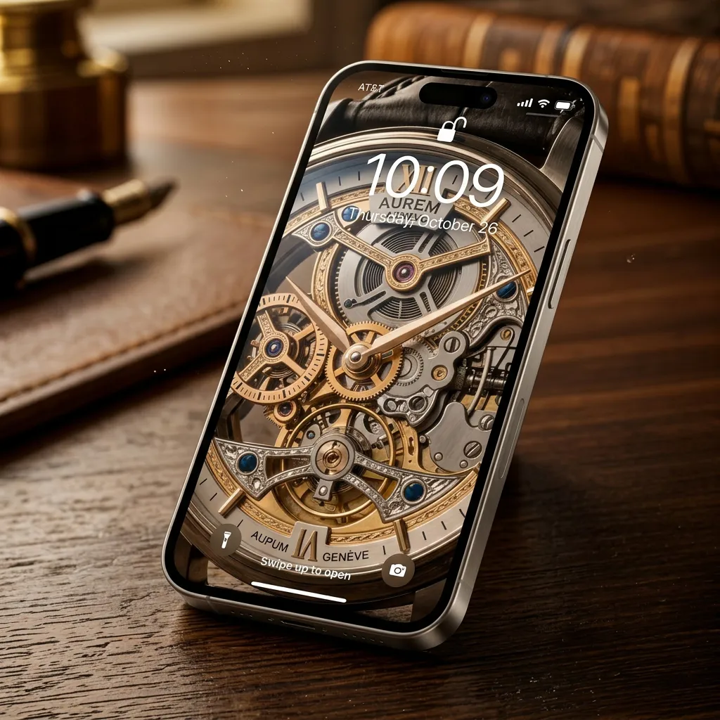 Luxury watch iPhone wallpaper with skeleton design and classic elegant desk aesthetic mockup one