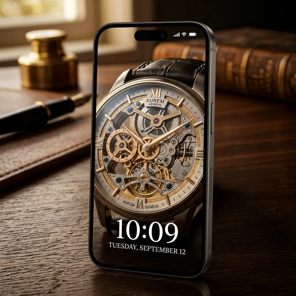 Luxury watch iPhone wallpaper with skeleton design and classic elegant desk aesthetic mockup two