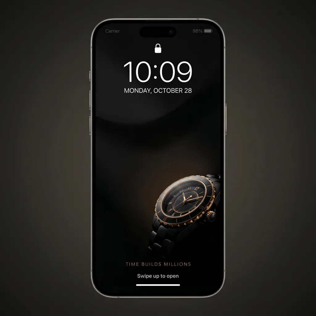 Luxury watch iPhone wallpaper with time builds millions and premium black gold design mockup one