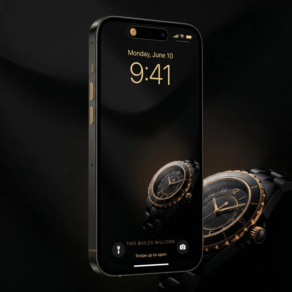 Luxury watch iPhone wallpaper with time builds millions and premium black gold design mockup two