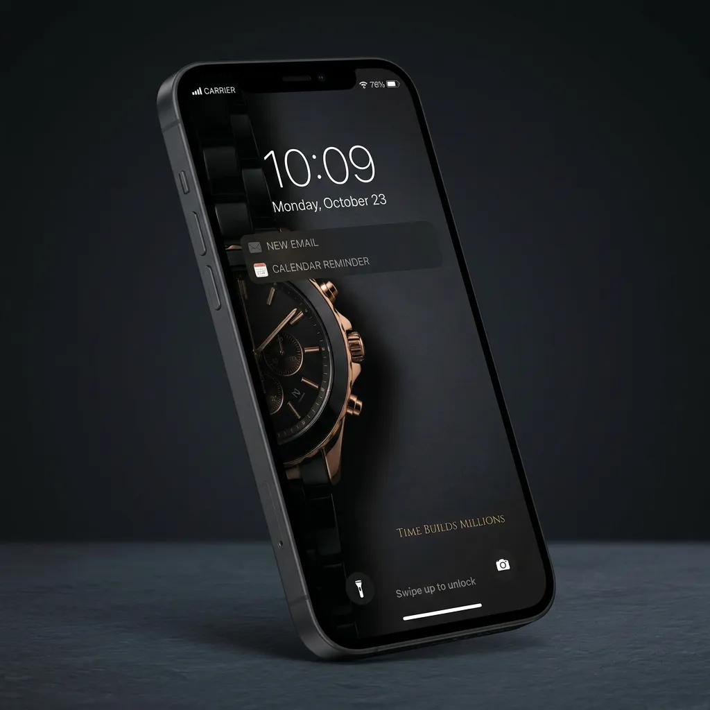 Luxury watch iPhone wallpaper with time builds millions and premium dark design mockup one