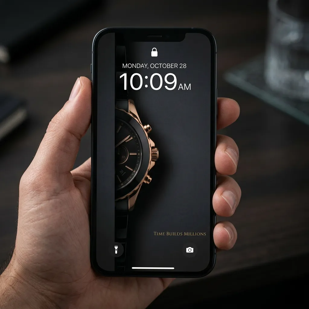 Luxury watch iPhone wallpaper with time builds millions and premium dark design mockup two