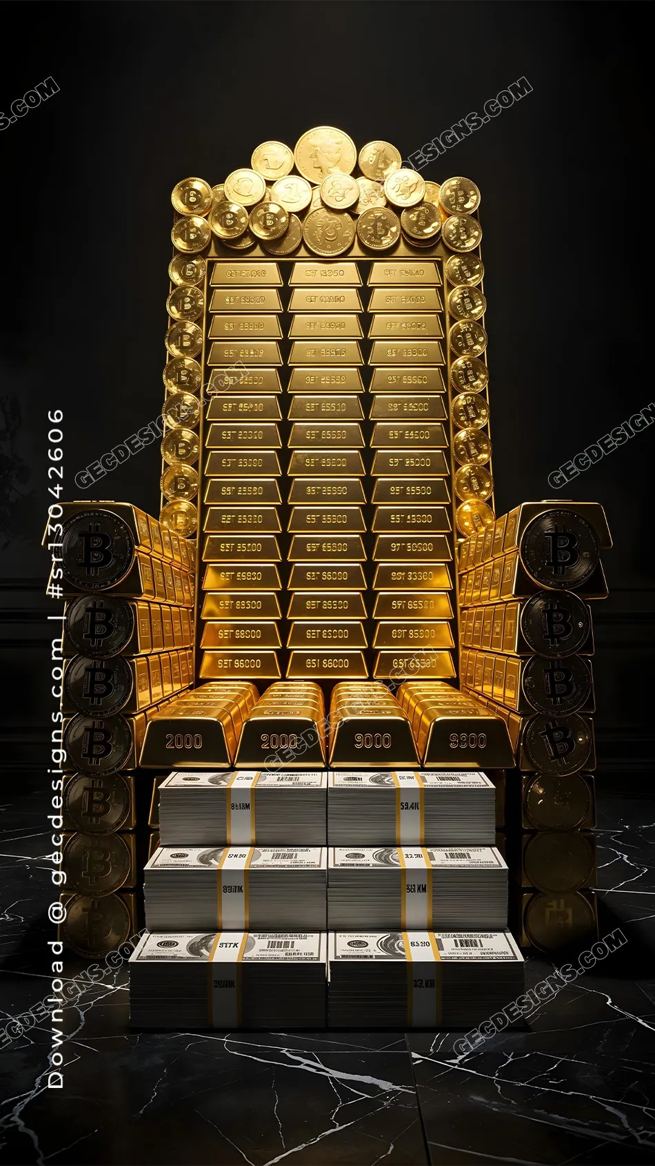 Luxury Wealth iPhone Wallpaper with Gold Throne of Money, Bitcoin Coins, and Cash Stack Aesthetic