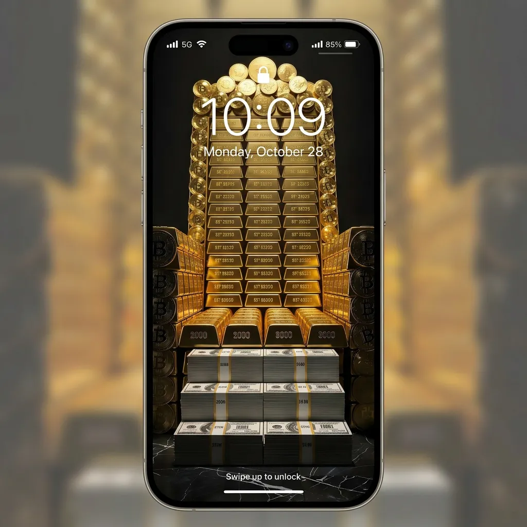 Luxury wealth iPhone wallpaper with gold throne of money bitcoin coins and cash stack aesthetic mockup one