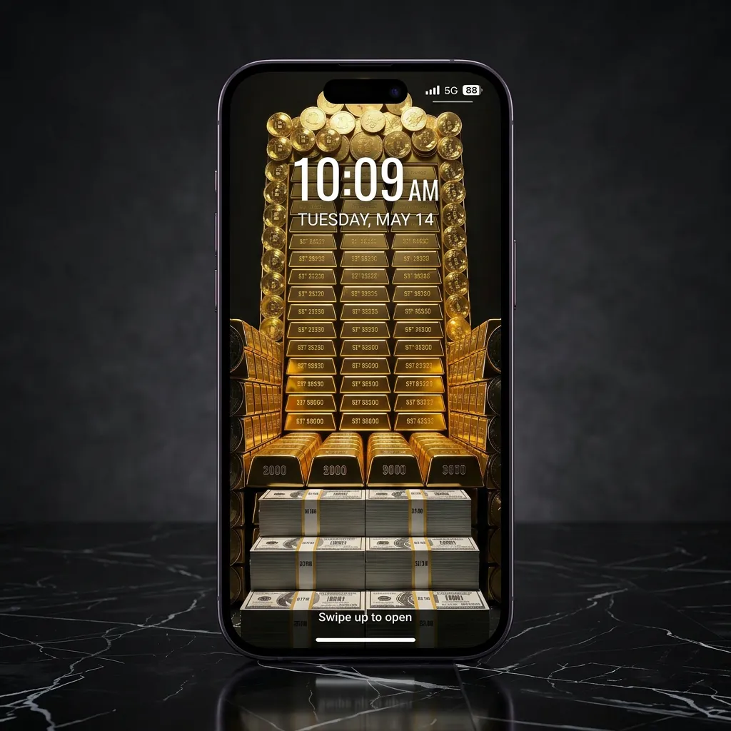 Luxury wealth iPhone wallpaper with gold throne of money bitcoin coins and cash stack aesthetic mockup two