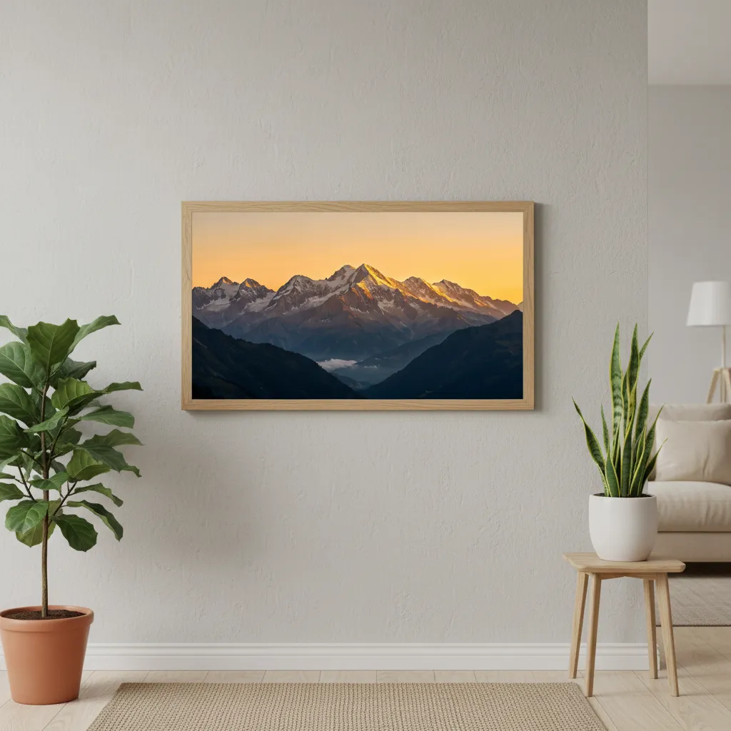 Majestic Snowy Mountain Range Nature Desktop Wallpaper In Warm Morning Light Sr24022624 Mockup Two