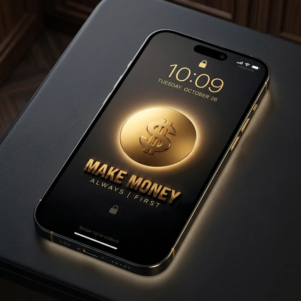 Make money motivation iPhone wallpaper with gold dollar symbol and luxury wealth theme mockup one