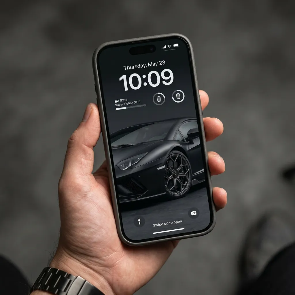 Matte black supercar desktop wallpaper in dark studio mockup two