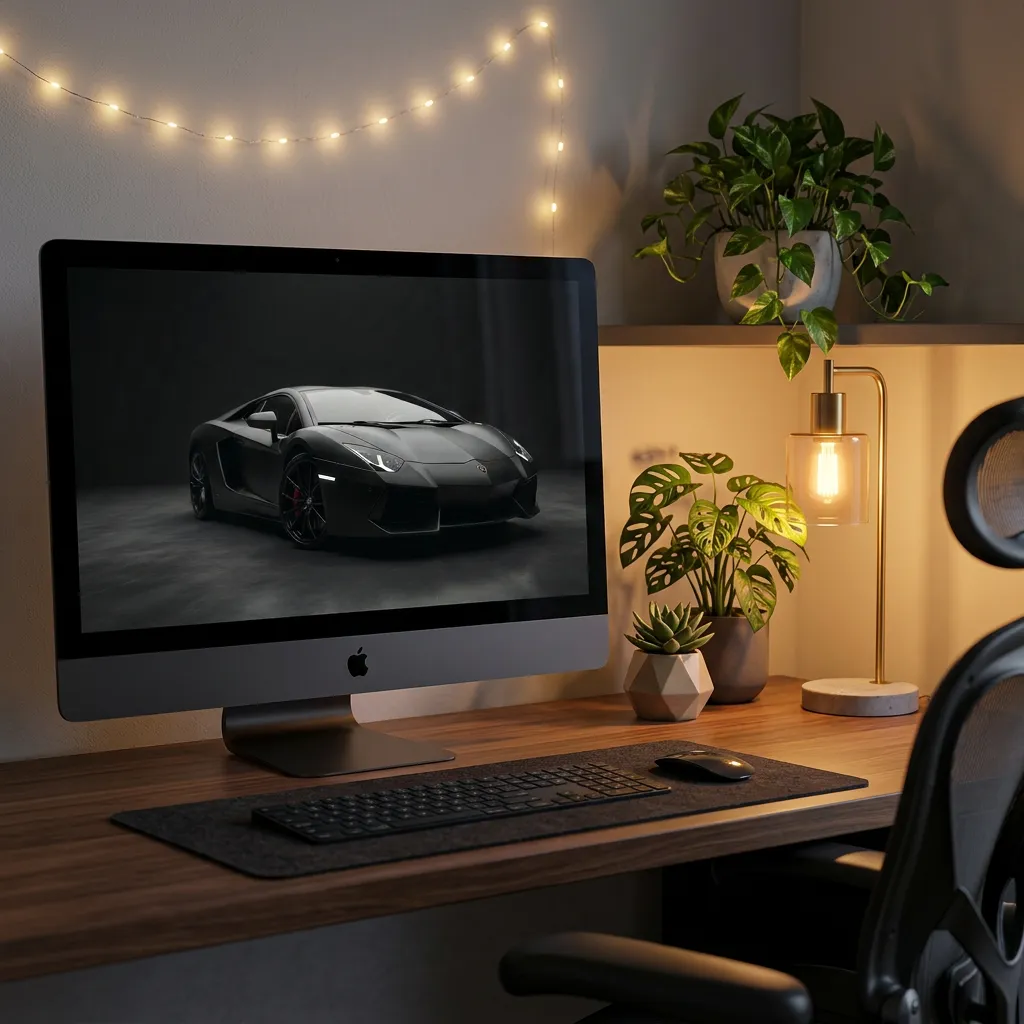 Matte black supercar desktop wallpaper with stealth studio lighting mockup two