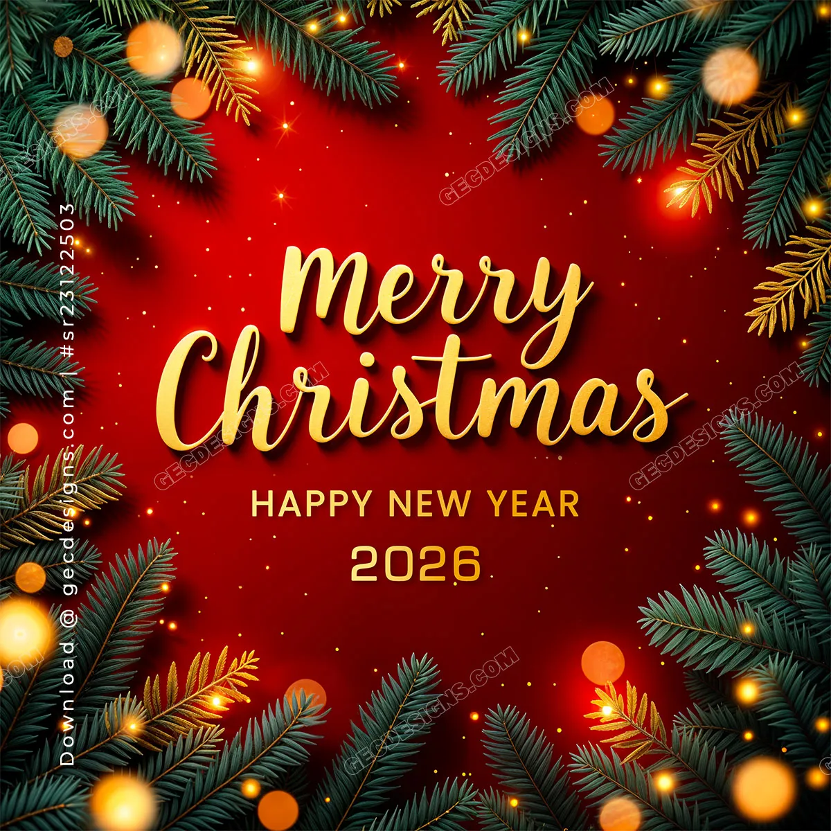 Merry Christmas and New Year 2026 Wishes Image with Glowing Lights, Pine  Branches, and Festive Red Background - GEC Designs, image size:1200x1200