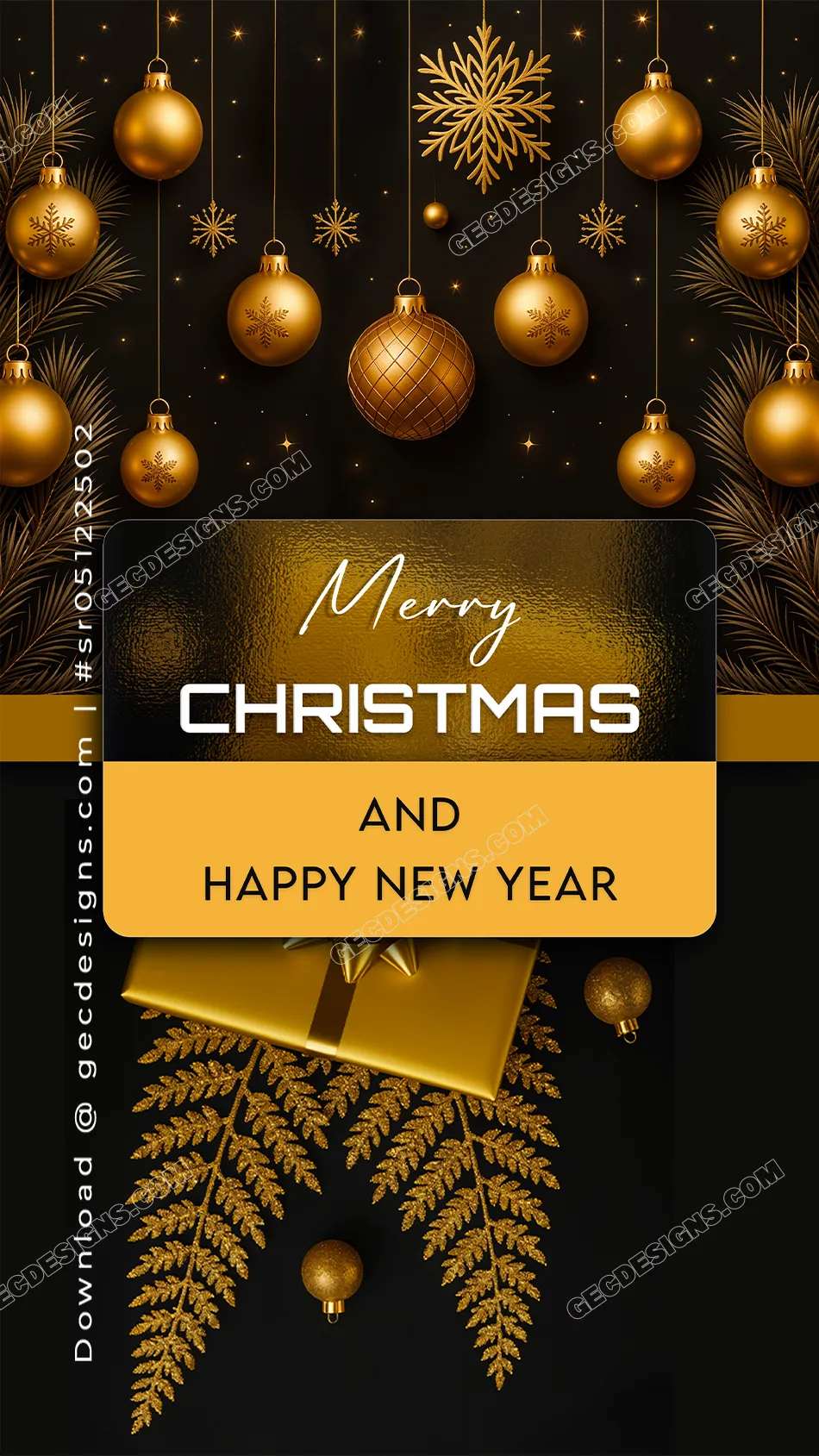 Merry Christmas and New Year wishes image with Golden ornaments, and  festive sparkles for the holiday season - GEC Designs, image size:950x1689
