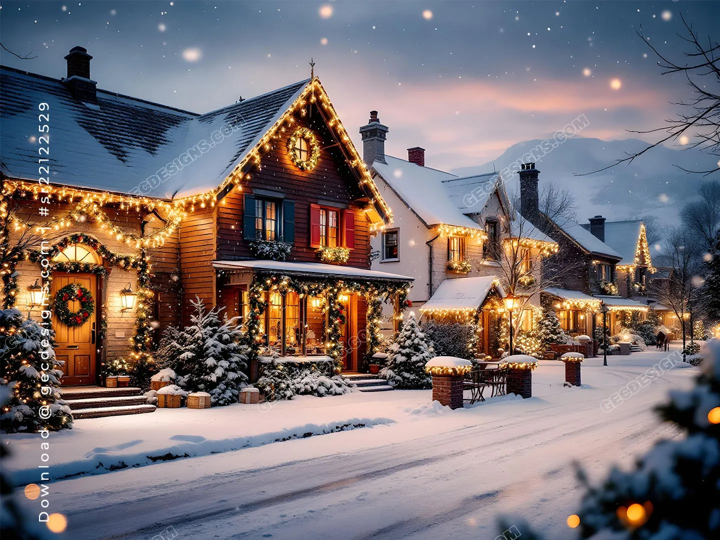 Merry Christmas Image of a Snowy Village Home Glowing with Warm Lights and  Holiday Charm - GEC Designs, image size:1440x1080