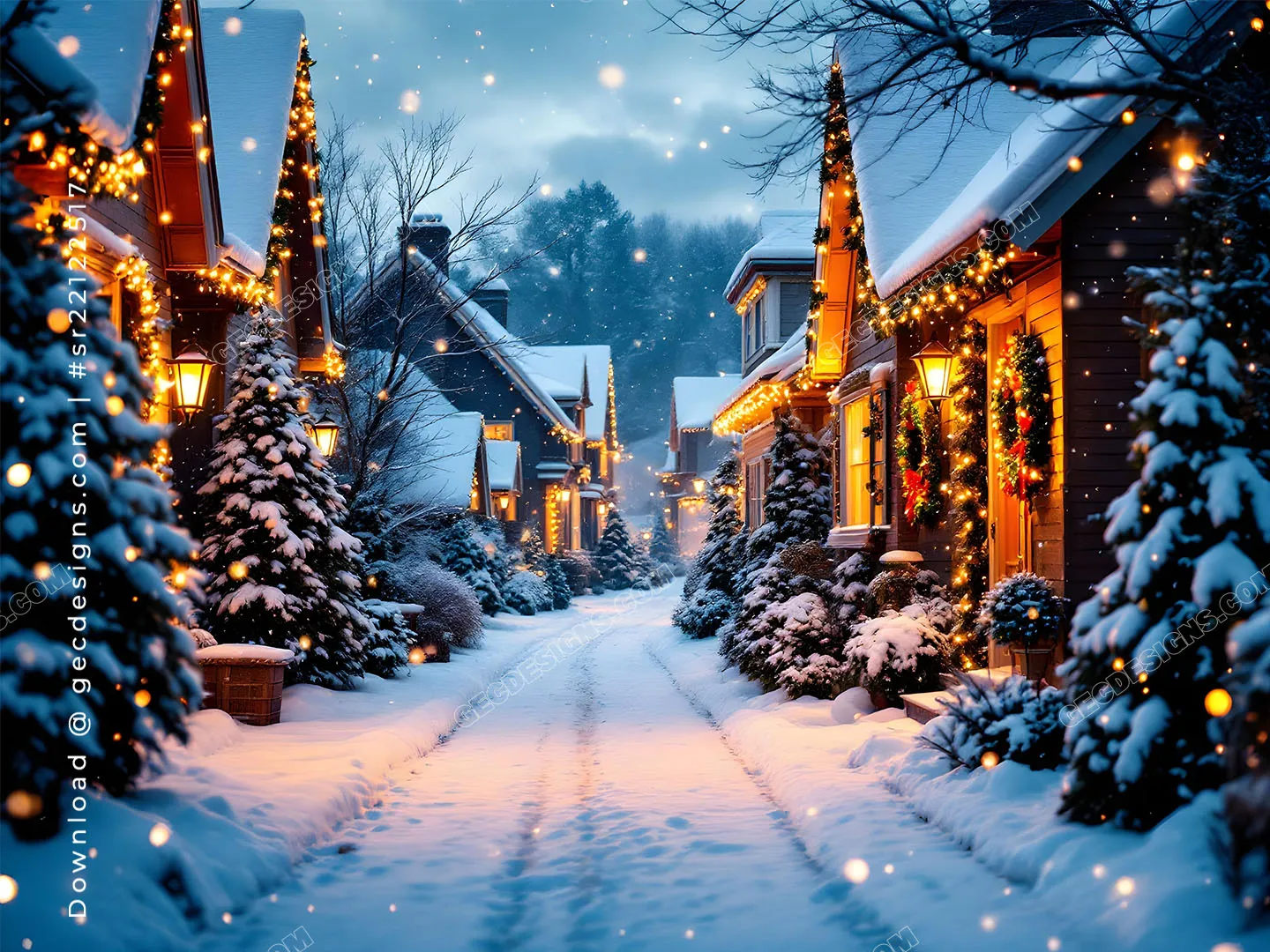 Merry Christmas Image Showing a Festive Snowy Street with Cozy Homes and  Glowing Holiday Lights - GEC Designs, image size:1440x1080