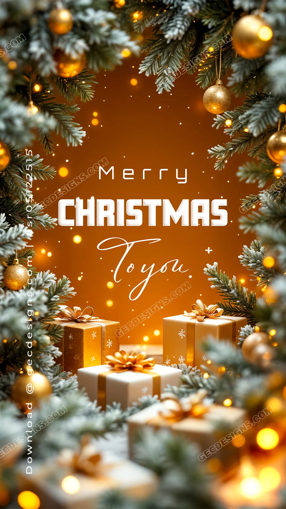 Merry Christmas, warm golden festive image with glowing lights, snowy pine  branches, and beautifully wrapped holiday gifts - GEC Designs, image size:950x1689