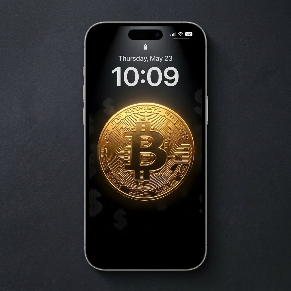Minimal bitcoin iPhone wallpaper with gold coin glow and dark luxury wealth background mockup one
