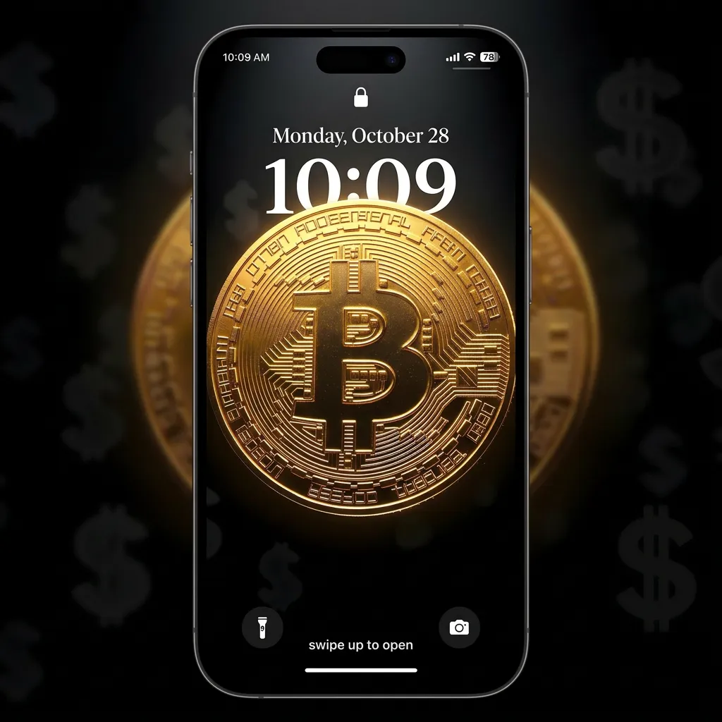 Minimal bitcoin iPhone wallpaper with gold coin glow and dark luxury wealth background mockup two