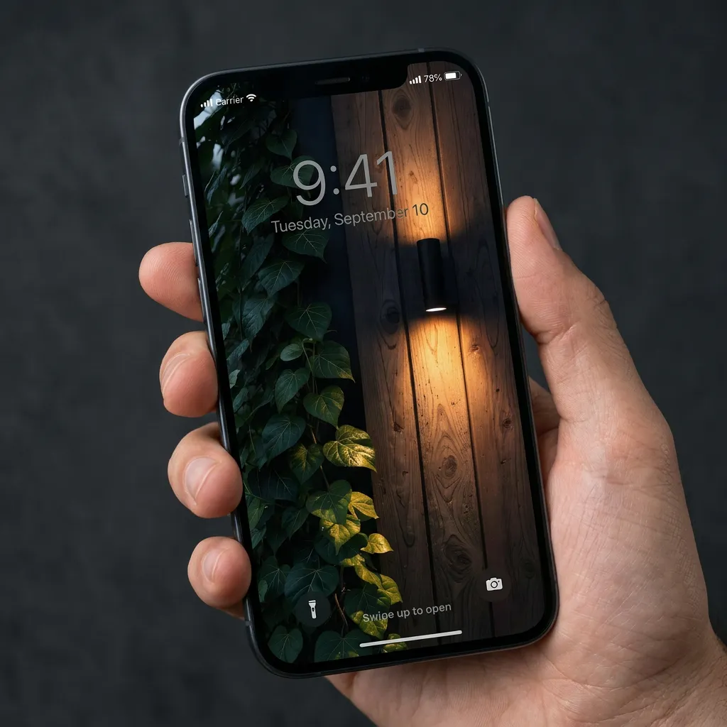 Minimalist outdoor lighting iPhone wallpaper with wooden wall and warm ambient glow mockup one