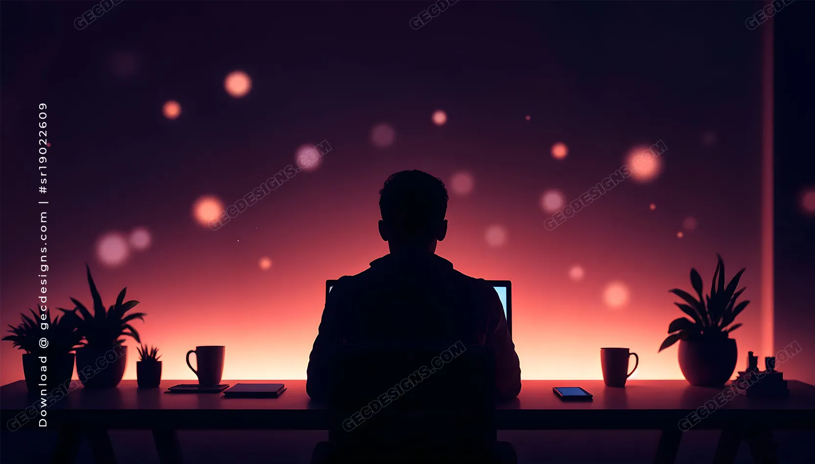 Modern Developer Desk Setup with Purple and Orange Night Lighting