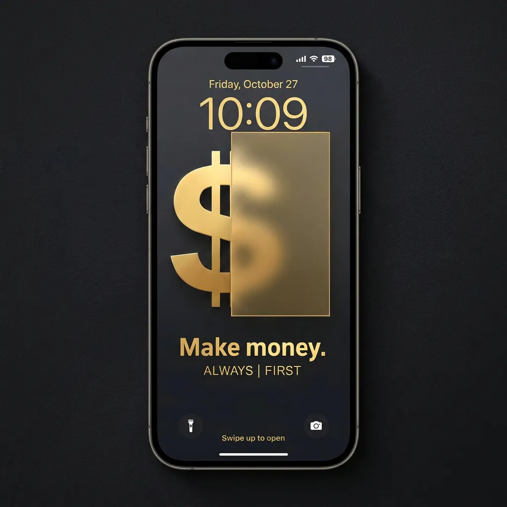 Money motivation iPhone wallpaper with gold dollar symbol and minimal wealth quote design mockup one