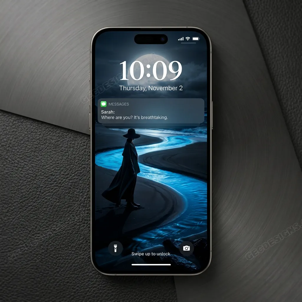 Moonlit beach iPhone wallpaper with blue glow mockup one